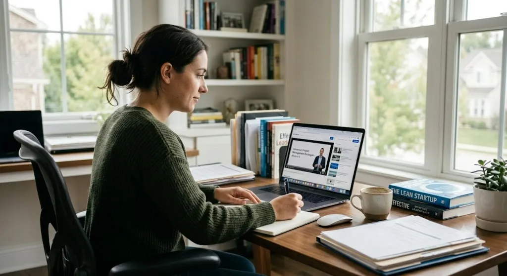 A learner following an online course lesson on a laptop