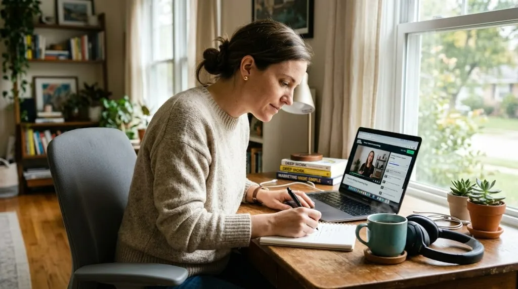 A learner working through an online tutorial at a desk at home